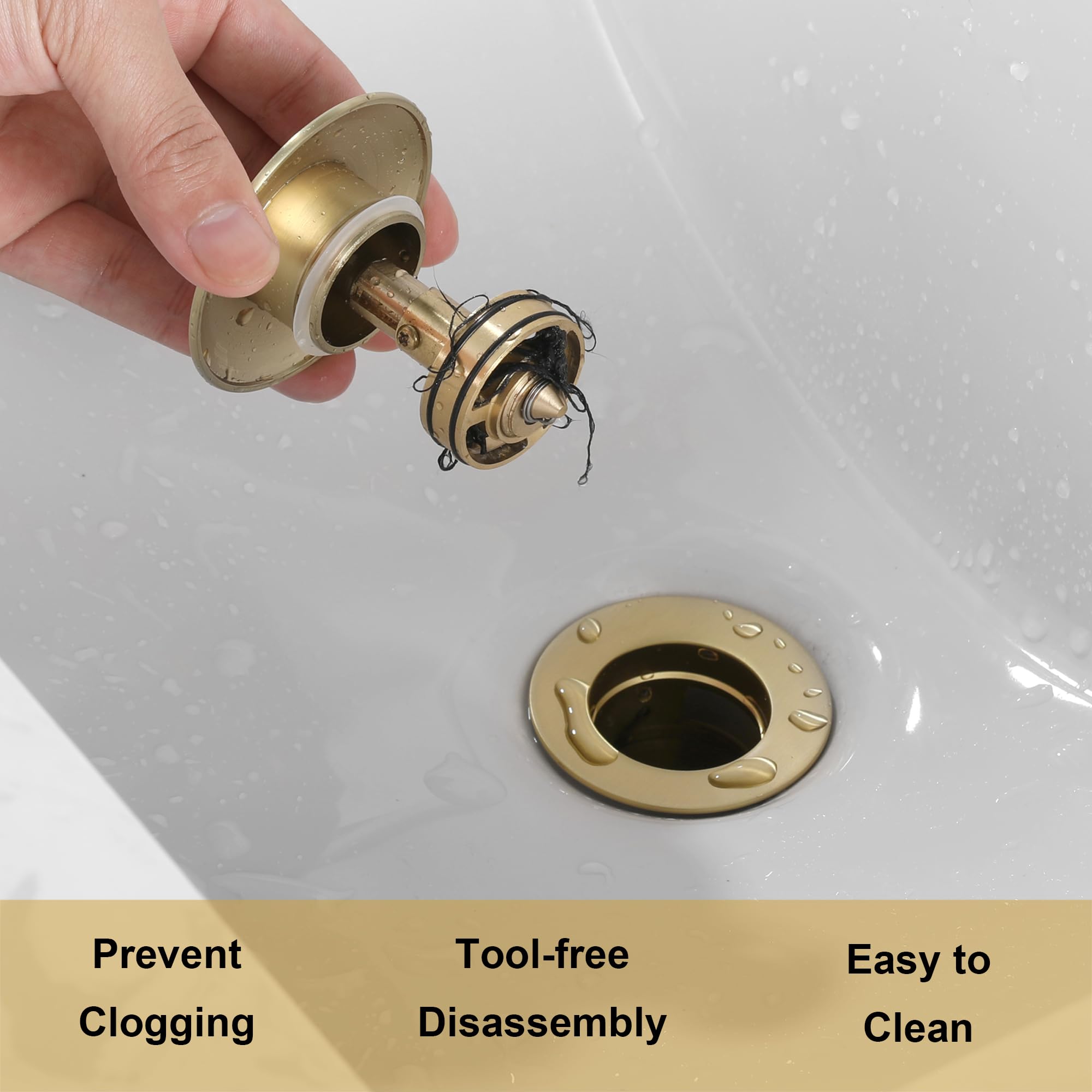 Indare Bathroom Sink Drain with Strainer Basket Anti Clog Pop Up Drain Stopper Vanity Vessel Sink with Overflow，Brushed Gold