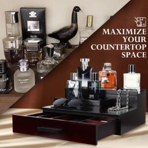 ONUEMP Wooden Cologne Organizer for Men, Perfume Organizer for Dresser, Cologne Stand with Hidden Storage and Drawer, Cologne Holder Tray Shelf, Fragrance Organizer Display Stand Rack, Gifts for Men