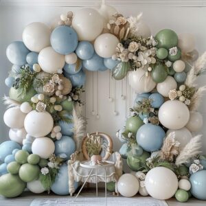 dusty blue green balloon garland double stuffed avocado green balloons thick latex white sand balloon arch kit pastel blue balloons kit for jungle safari neutral birthday baby shower party deocrations