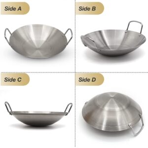 Aynaxcol Round Bottom Stainless Steel Wok, Traditional Canton Style Frying Pan Multi- Cooking Wok Dual- Handled Heavy Stainless Steel Wok (10 Inch/ 26cm)