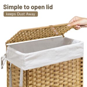 70L Slim Laundry Hamper with Lid & Wheels, Rolling Laundry Basket with 2 Removable Liner Bags & 3 Mesh Bags, Narrow Dirty Clothes Basket, Foldable Handwoven Rattan Laundry Sorter, Natural