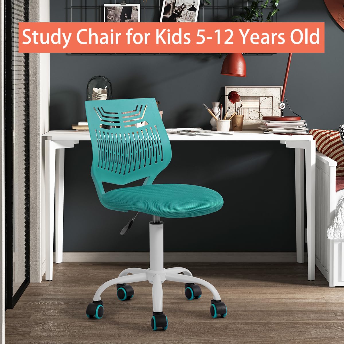 HOTATA Kids Desk Chair, Children Study Swivel Chair with Adjustable Height, Lumbar Support, Rolling Castor, Mesh Seat, Ergonomic Boys and Girls Task Student Chair for 5-12 Years Old Kids, Aqua