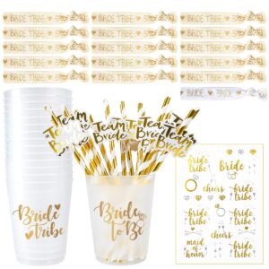 movinpe bachelorette party accessories, hen party cups straws 16 set, 1 bride hair ties 15 bride tribe hair ties, tattoos bride tribe, bride to be decorations bridal shower party supplies (golden)