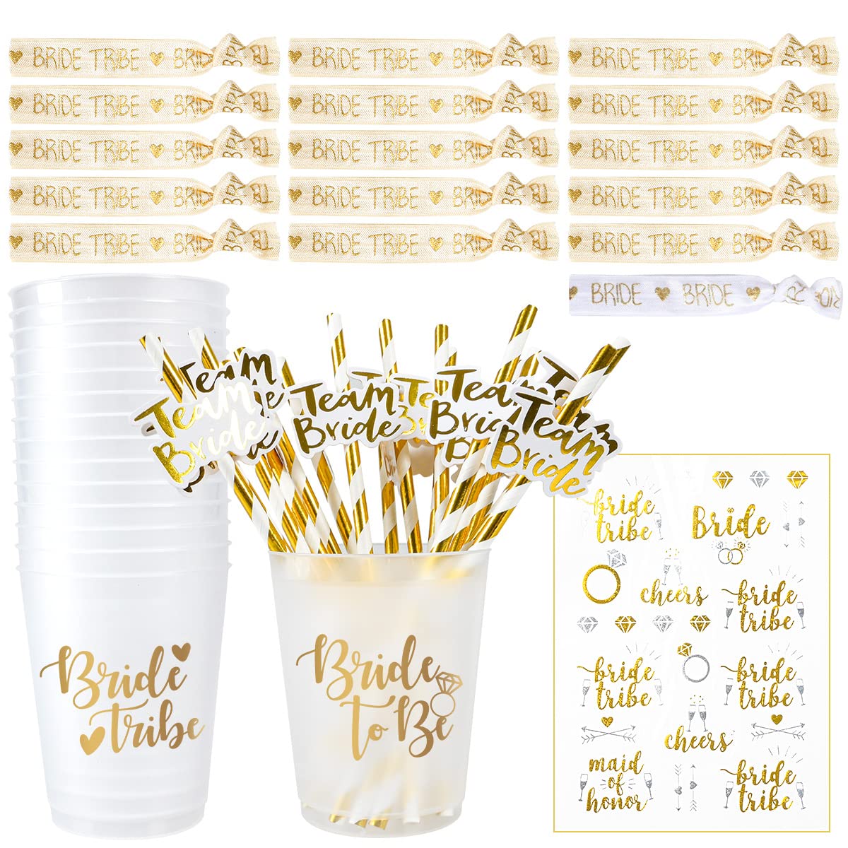 MOVINPE Bachelorette Party Accessories, Hen Party Cups Straws 16 Set, 1 Bride Hair Ties 15 Bride Tribe Hair Ties, Tattoos Bride Tribe, Bride to Be Decorations Bridal Shower Party Supplies (Golden)