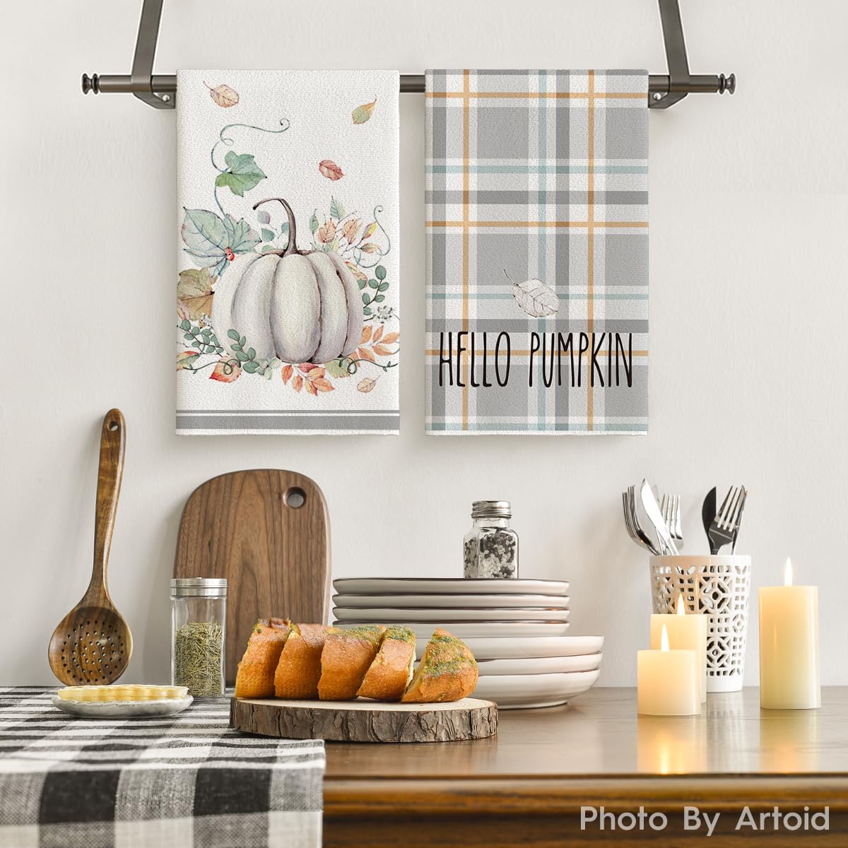 Artoid Mode Blue Watercolor Stripes Hello Pumpkin Fall Kitchen Towels Dish Towels, 18x26 Inch Seasonal Leaves Decoration Hand Towels Set of 4