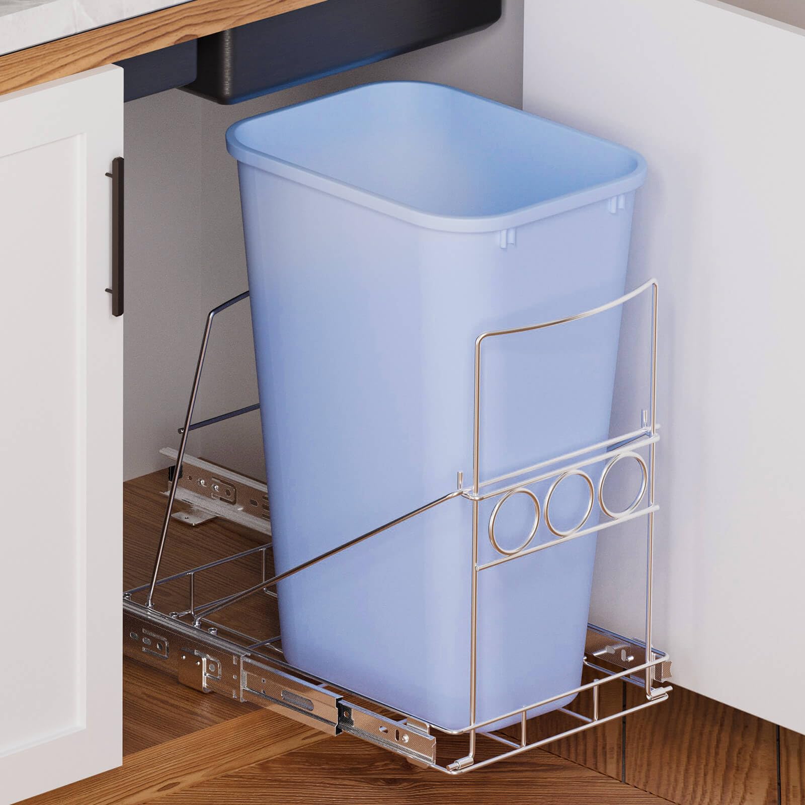 Pull Out Trash Can Under Cabinet - Under Sink Trash Can Pull Out Kit, Adjustable Kitchen Garbage Can Pull Out, Roll Out Kitchen Cabinet Trash Can Slide Out Rack for 7-11 Gallon Trash Can Not Included