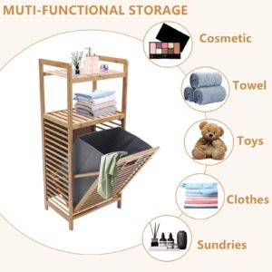 Bamboo Laundry Hamper Tilt-Out Laundry Hamper Freestanding Clothes Basket W/ 2 Tier Storage Shelves & Removable Liner Wood Clothes Sorter for Bathroom(15.7"*11.8"*37.4")