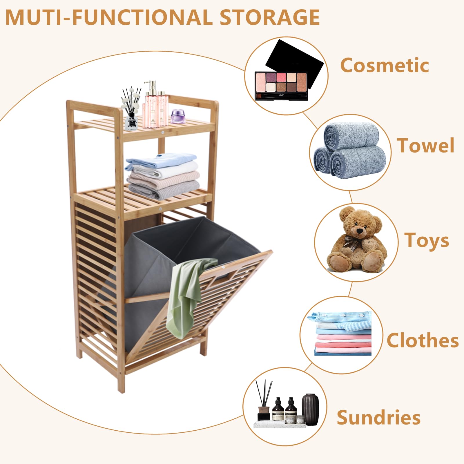 Bamboo Laundry Hamper Tilt-Out Laundry Hamper Freestanding Clothes Basket W/ 2 Tier Storage Shelves & Removable Liner Wood Clothes Sorter for Bathroom(15.7"*11.8"*37.4")