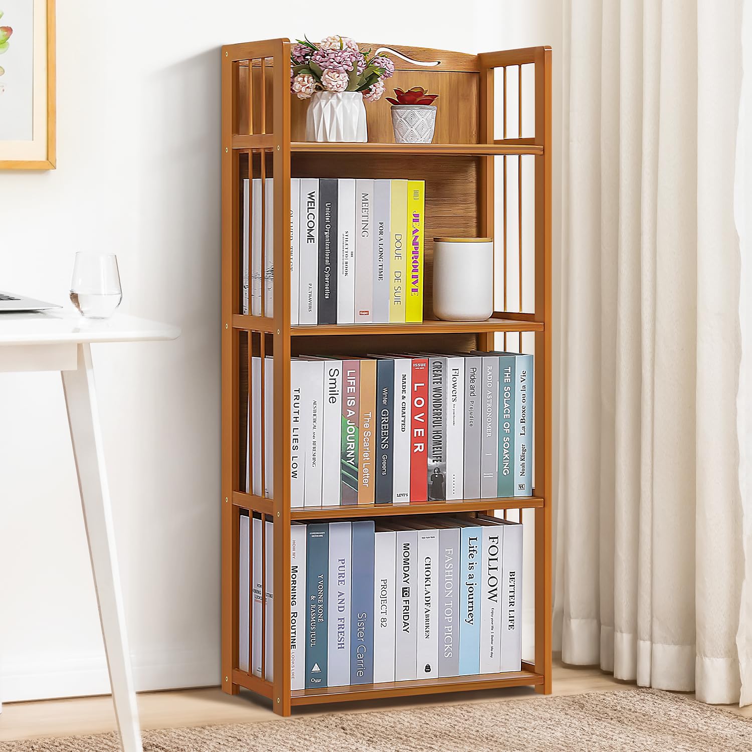 Magshion 4 Shelf Bamboo Bookshelf Freestanding Display Shelf, Tall Bookcase Rack Organize for Home Office Library Small Narrow Space (Natural, 19.7" L x 9.8" W x 43.7" H)