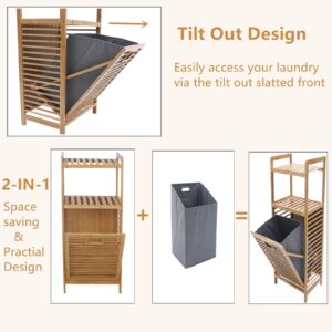 Bamboo Laundry Hamper Tilt-Out Laundry Hamper Freestanding Clothes Basket W/ 2 Tier Storage Shelves & Removable Liner Wood Clothes Sorter for Bathroom(15.7"*11.8"*37.4")