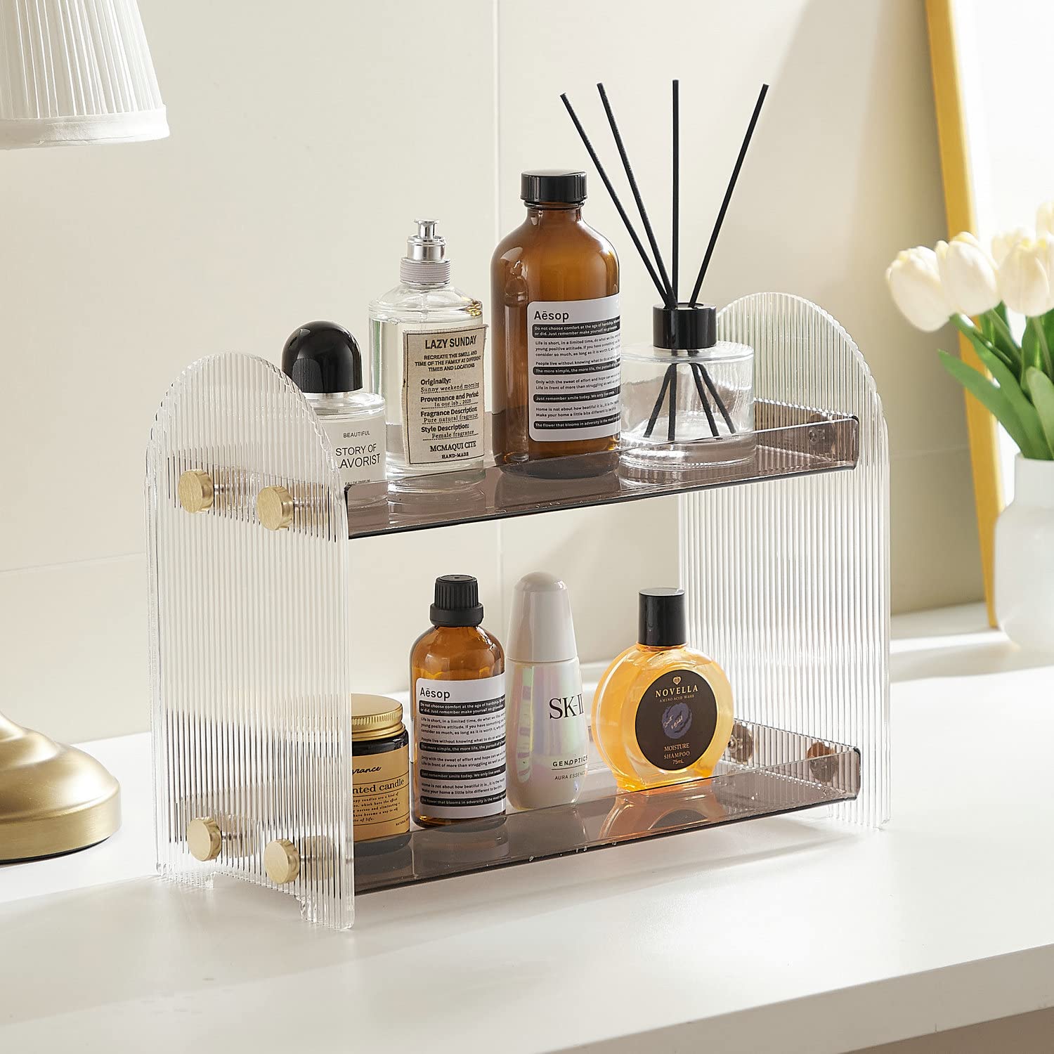 2 Tier Bathroom Countertop Organizer: Acrylic Makeup Organizer Perfume Tray Spice Rack Organization - Storage Shelf for Bathroom Kitchen Living Room Bedroom Dressing Table, Beelee