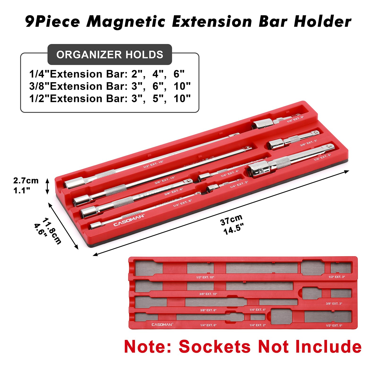 CASOMAN 9Piece Magnetic Extension Bar Holder, Durable ABS & Powerful Magnets Design, Hold Up to 9 Extension Bars