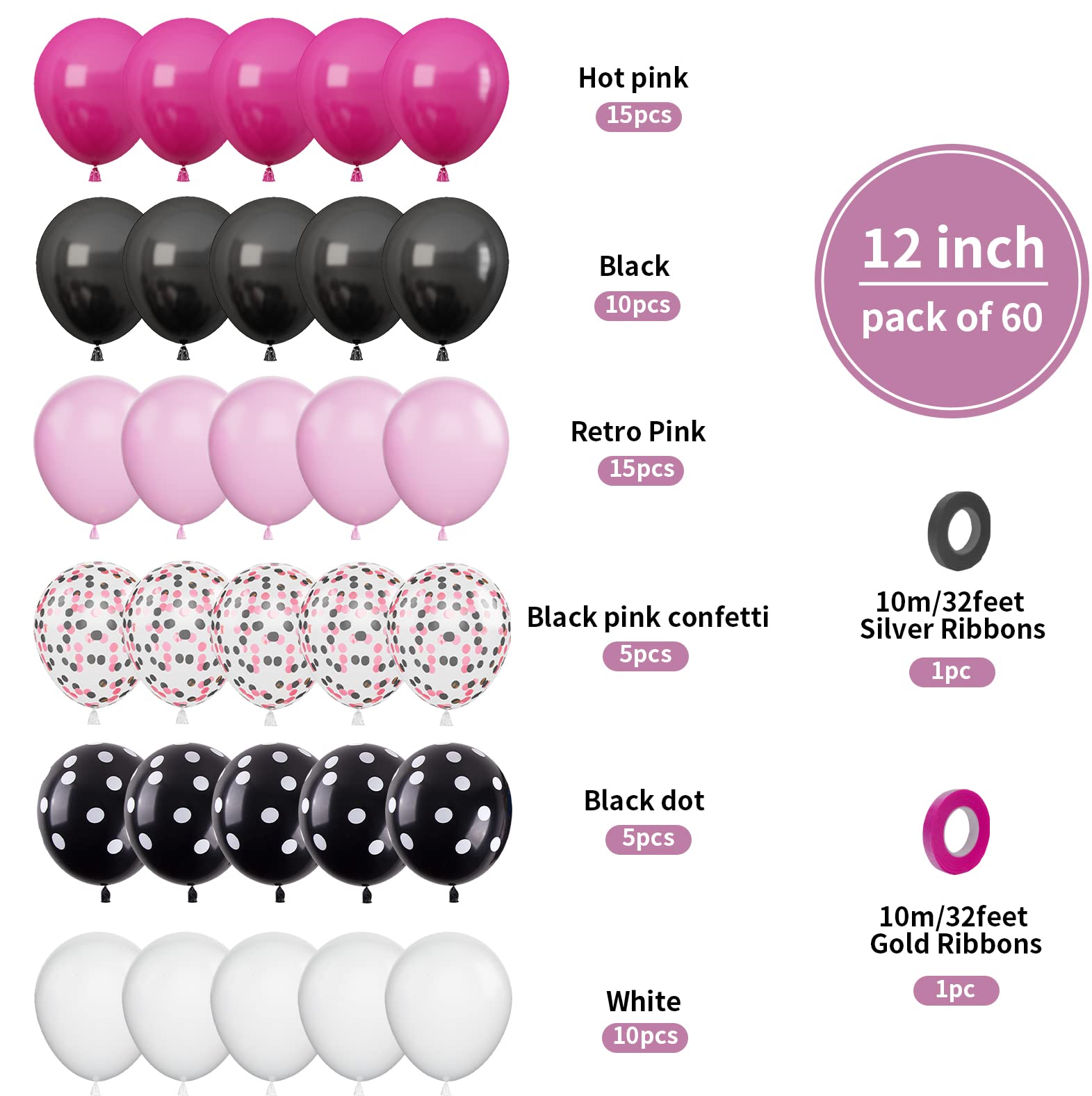 Pink Black Balloons Set, 60PCS Rose Red Black Birthday Balloons, 12 Inch Hot Pink White Latex Balloons Black Dots Pink Confetti Helium Balloons for Girls Mouse Theme Birthday Bridal Party Supplies