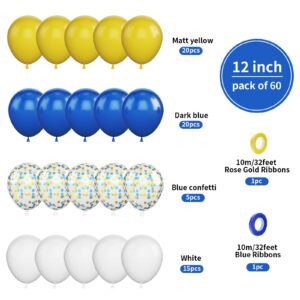 Biapian Yellow Blue Balloons, 60PCS Blue Yellow White Balloons, 12Inch Blue Gold Confetti Balloons Dark Blue Latex Balloon Helium for Birthday Wedding Graduation Baby Shower Socer Party Decoration