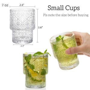 AVLA 8 Pack Vintage Drinking Glassware, 7 oz Romantic Water Juice Glass Tumbler Cup, Clear Stackable Coffee Cocktail Bar Drinkware for Beverages, Tea, Milk, Yogurt, Whiskey, Embossed Floral Pattern