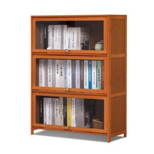 magshion 3-tier bookcase with clear acrylic flip-up doors, bamboo display case wide brown kitchen cabinet storage pantry cabinet showcase storage cabinet organizer (31.1" l x 12.6" w x 41.7" h)