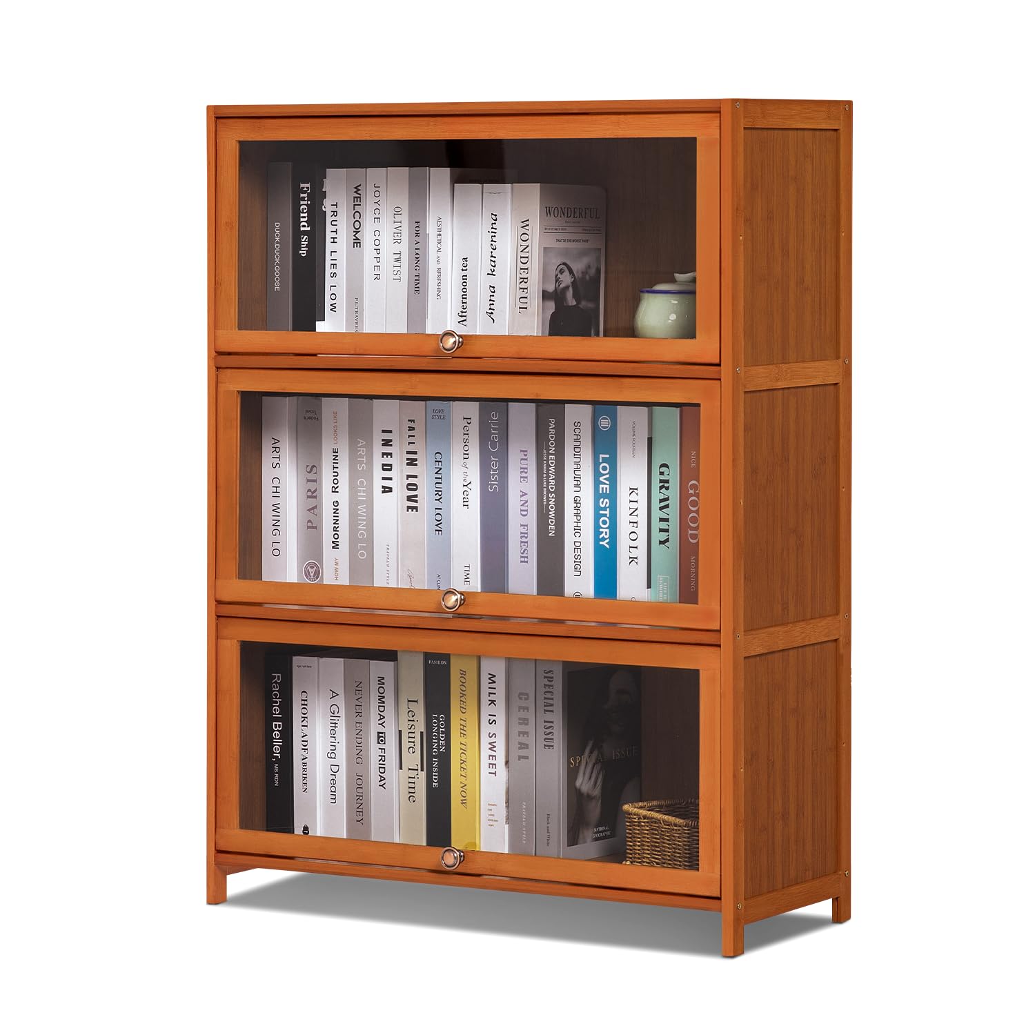 Magshion 3-Tier Bookcase with Clear Acrylic Flip-Up Doors, Bamboo Display Case Wide Brown Kitchen Cabinet Storage Pantry Cabinet Showcase Storage Cabinet Organizer (31.1" L x 12.6" W x 41.7" H)