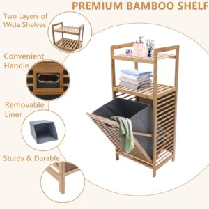 Bamboo Laundry Hamper Tilt-Out Laundry Hamper Freestanding Clothes Basket W/ 2 Tier Storage Shelves & Removable Liner Wood Clothes Sorter for Bathroom(15.7"*11.8"*37.4")