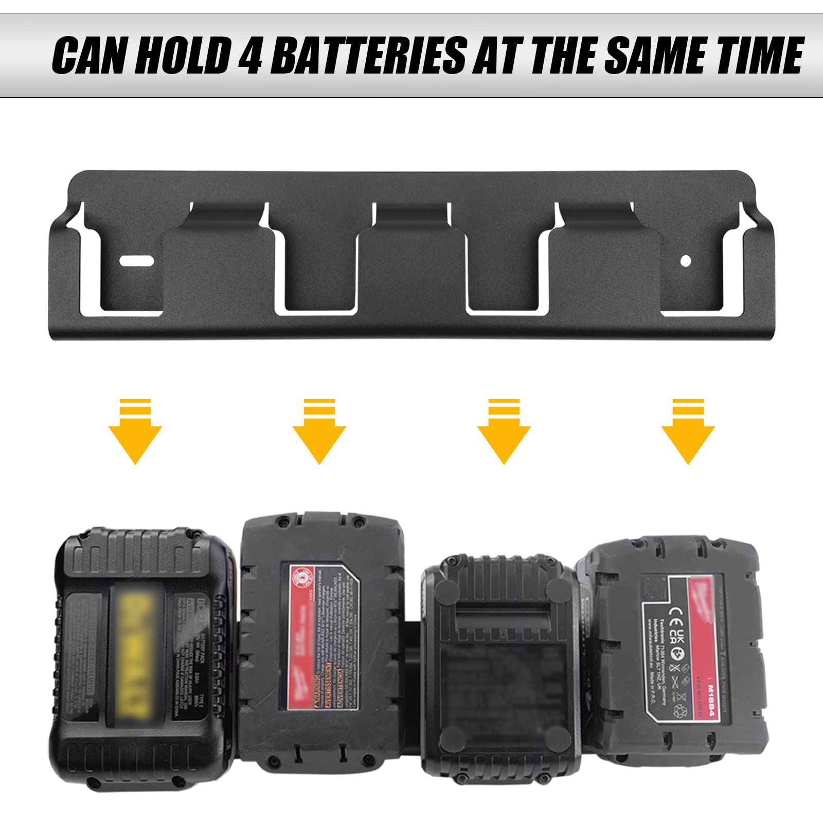 Upgrades 4 Slots Battery Holder Wall Mount fits for Latest Dewalt 18V/20V & Milwaukee 18V Drill,Enlarge Space Universal Fit Heavy-Duty Solid Steel M18 Tool Battery Storage Rack,Keep Tool in Organizer