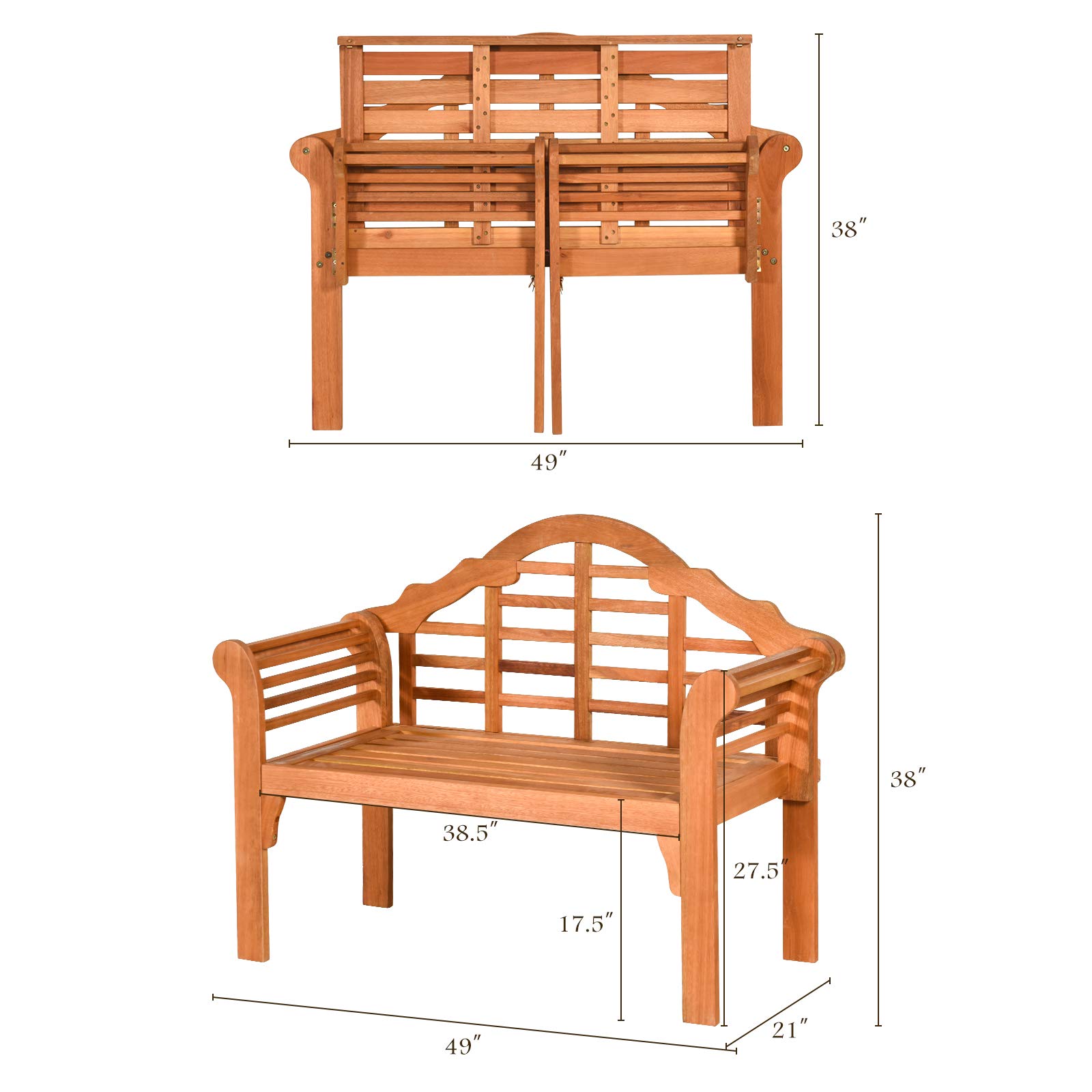 SPORFIT Classic Patio Loveseat Bench, Eucalyptus Wood, 4 FT, 2-Person, Foldable, Outdoor, Arched Back & Armrests, Natural Teak