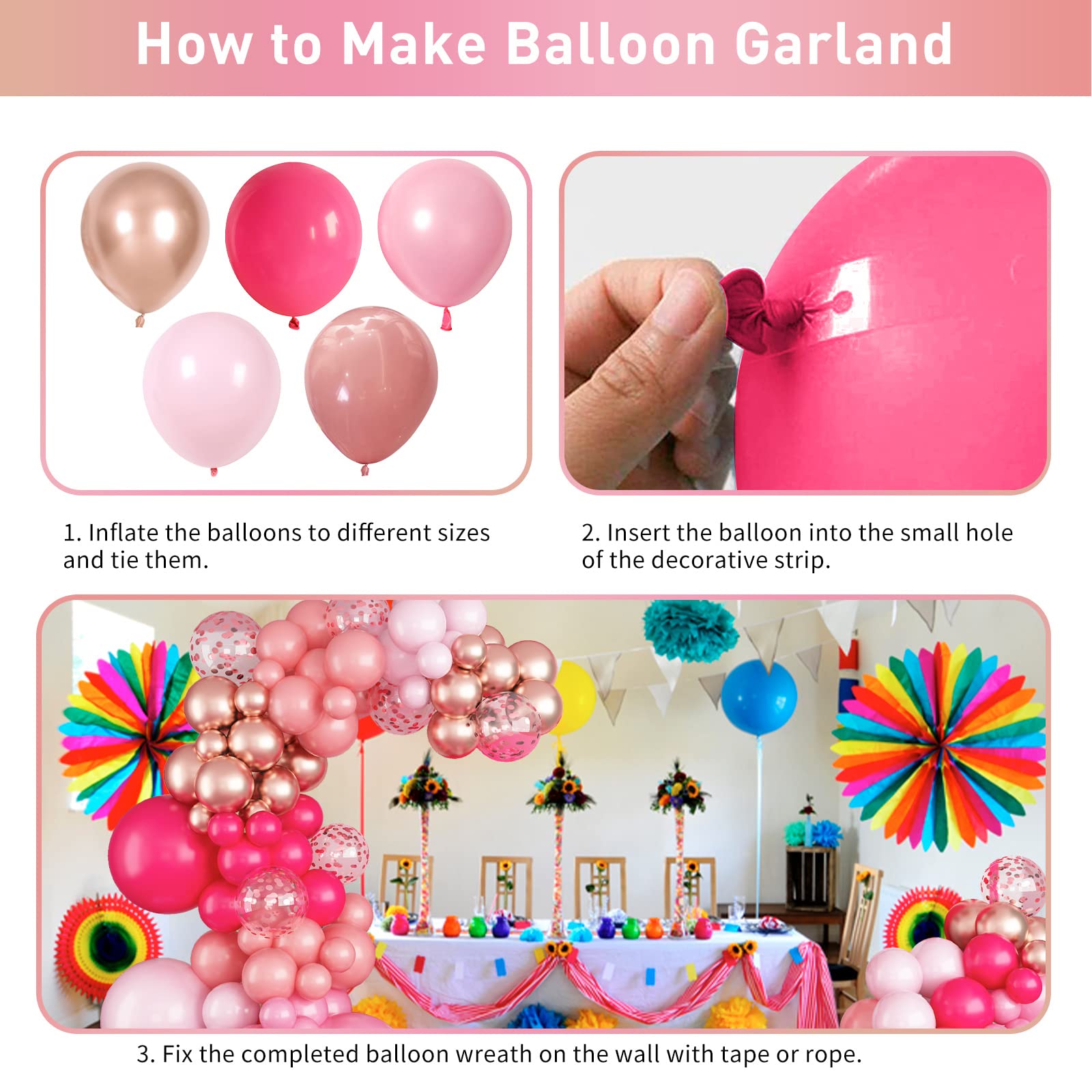 128 Pcs Pink Balloon Arch Kit, Rose Gold Hot Pink Balloons Garland Kit, Confetti Metallic Chrome Balloons Different Sizes Bridal Shower Wedding Princess Girls Birthday Party Gender Reveal Decorations