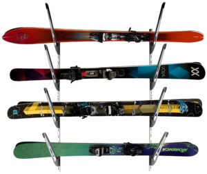 steelchimp ski storage rack for garage | 4-tier horizontal ski rack and indoor garage organizer | anti-sway patent-pending arm wall mount | usa designed