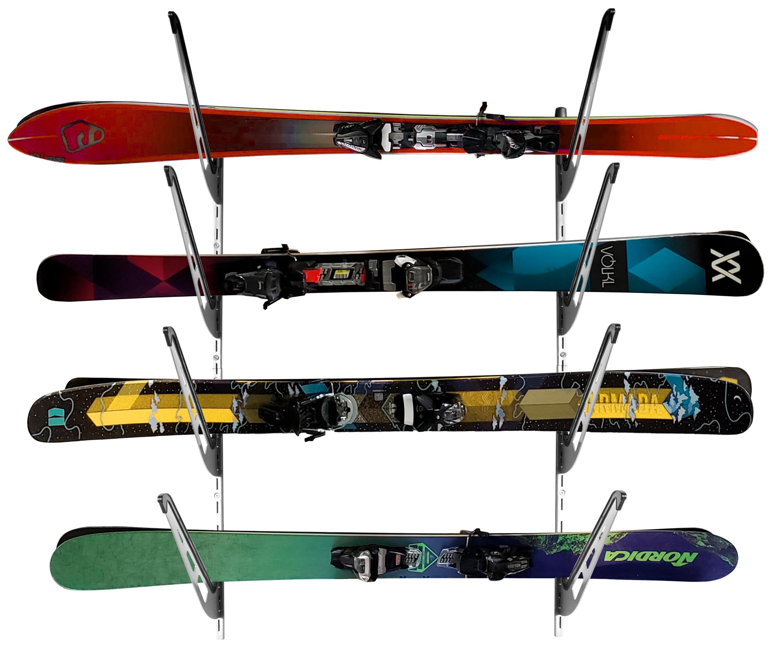 SteelChimp Ski Storage Rack for Garage | 4-Tier Horizontal Ski Rack and Indoor Garage Organizer | Anti-Sway Patent-Pending Arm Wall Mount | USA Designed