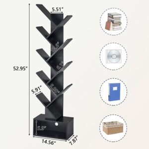 Tajsoon 9 Tier Tree Bookshelf, Tree Bookcase with Drawer, Floor Standing Book Storage Shelf, Modern Book Organizer for Bedroom, Living Room, Home Office, Black