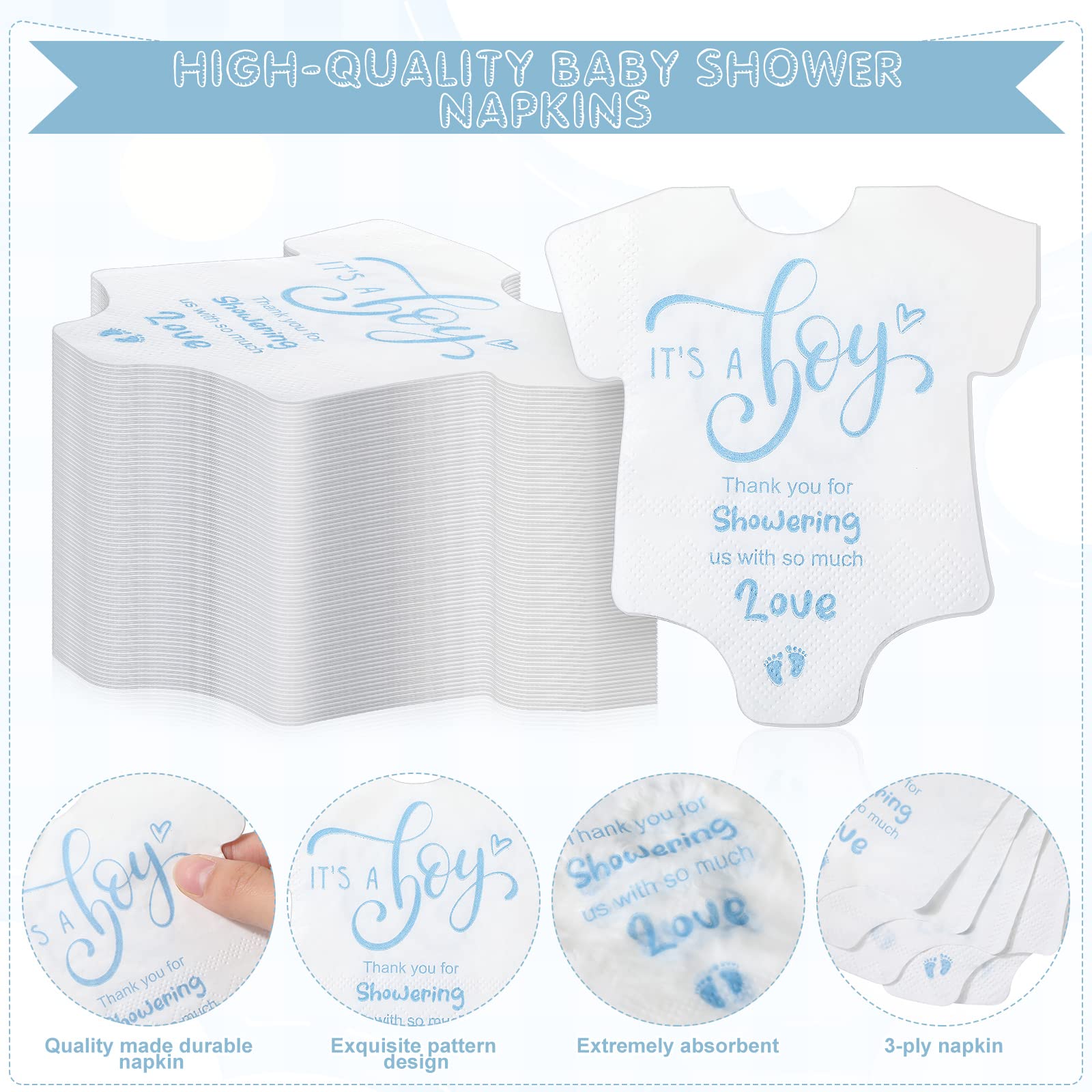 100 Pcs Small Baby Shower Napkins Blue It's a Boy Baby Shower Decoration Disposable Paper Napkins for Baby Shower Gender Reveal Party Supplies