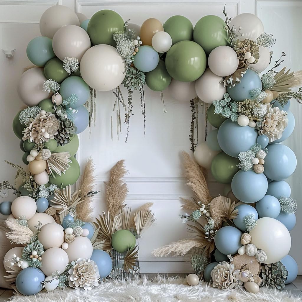 Dusty Blue Green Balloon Garland Double Stuffed Avocado Green Balloons Thick Latex White Sand Balloon Arch Kit Pastel Blue Balloons Kit For Jungle Safari Neutral Birthday Baby Shower Party Deocrations