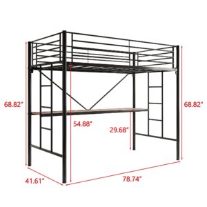 JURMERRY Metal Loft Bed with Desk & 2 Built-in Ladders,Safety Guard Rail, Space-Saving Design, No Box Spring Needed, Twin Black