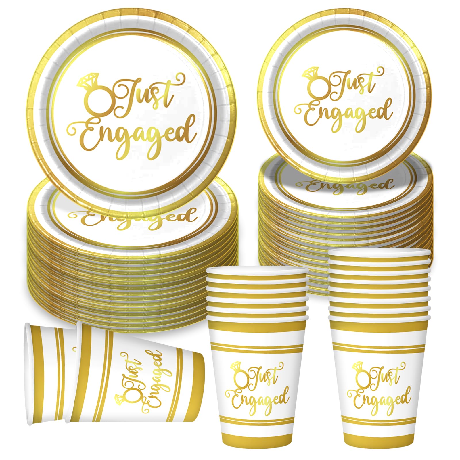 Engagement Party Decorations Set Serve 25,Just Engaged Plates and Cups Decorations,We’re Engaged Decorations,Happy Engagement Party Decorations,DZ Bridal Shower Wedding Party Decorations(Gold Foil)