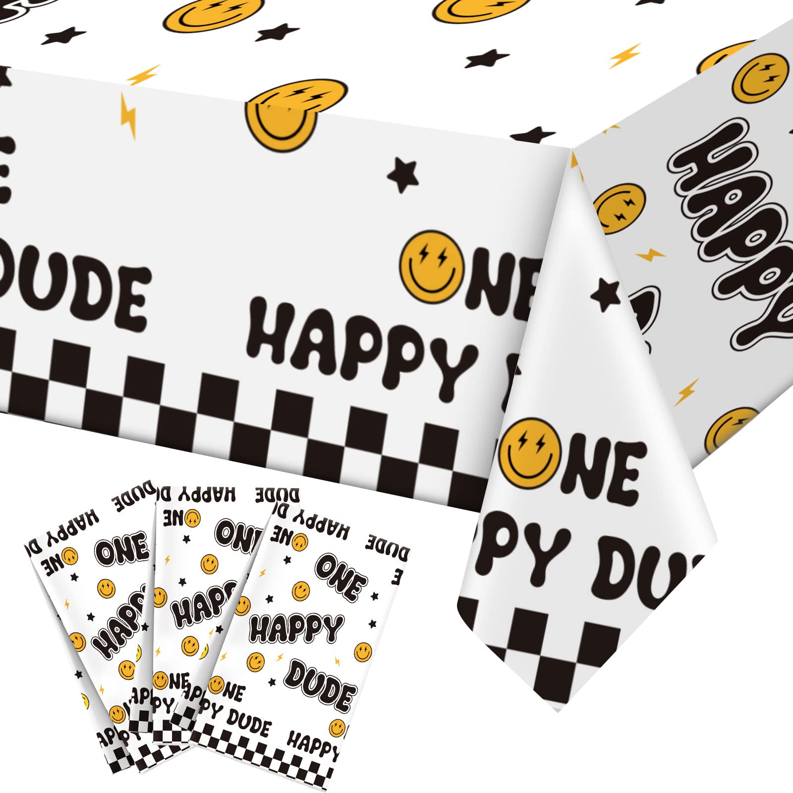 Newwiee 3 Pcs One Happy Dude Birthday Party Tablecloths 51 x 108 Inch One Happy Dude Table Cover Smile Face Plastic Table Cloths One Happy Dude Party Decor 1st Birthday Baby Shower Supplies