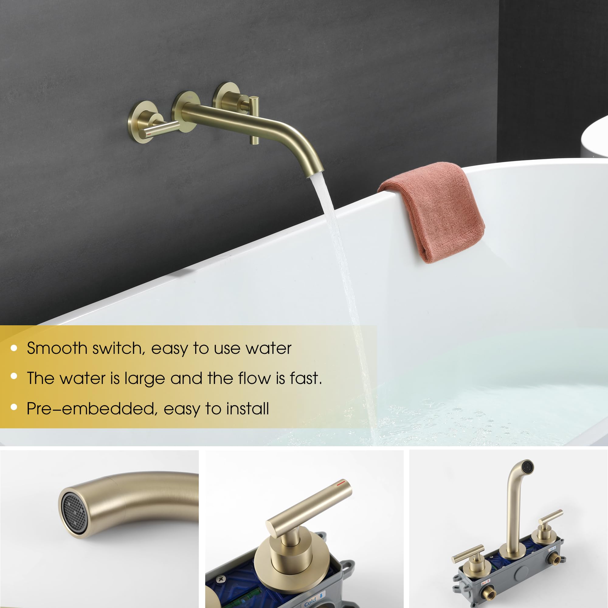 indare Wall Mount Tub Filler， Brass High Flow Tub Filler Brushed Gold Roman Tub Faucet， Bathtub Faucets with 2 Handles， Long Spout Reach