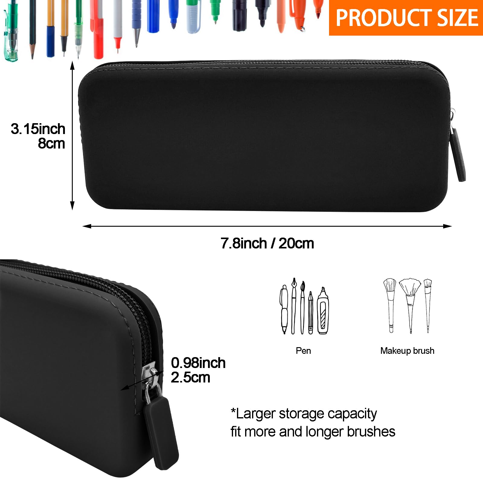 Silicone Pencil Case, Waterproof Silicone Cosmetic Bag, Pencil Bag, Multifunctional Pencil Case Aesthetic, Zipper Storage Bag (Black)