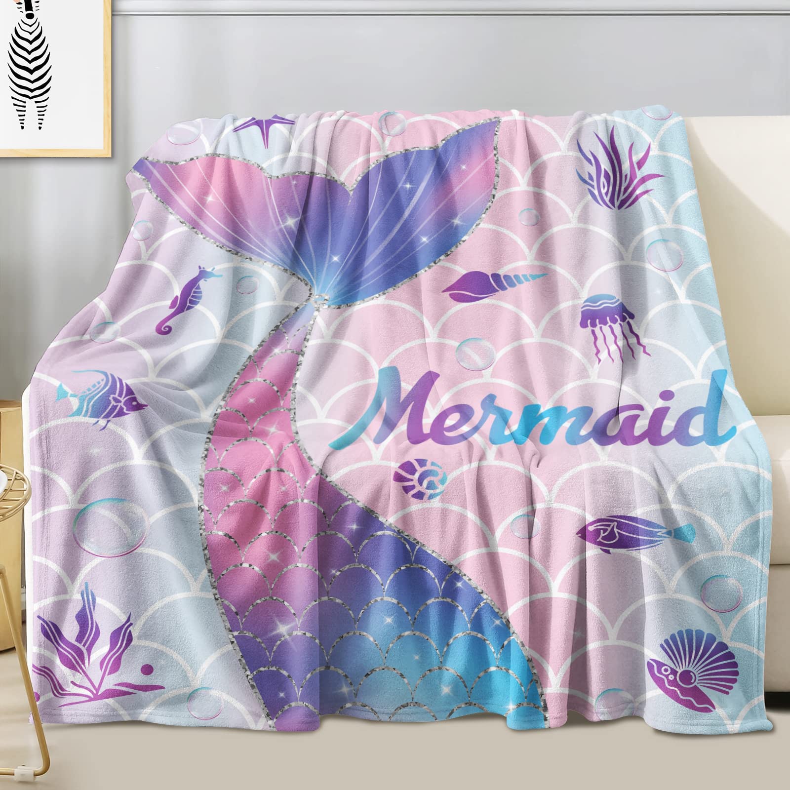 Mermaid Blanket Mermaid Present for Girls，Mermaid Throw Blankets Flannel Soft Warm Plush Sea Blanket for Girls Kids Women Adult for All Season Bed Couch Living Room Decor 50"x60"