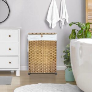 70L Slim Laundry Hamper with Lid & Wheels, Rolling Laundry Basket with 2 Removable Liner Bags & 3 Mesh Bags, Narrow Dirty Clothes Basket, Foldable Handwoven Rattan Laundry Sorter, Natural