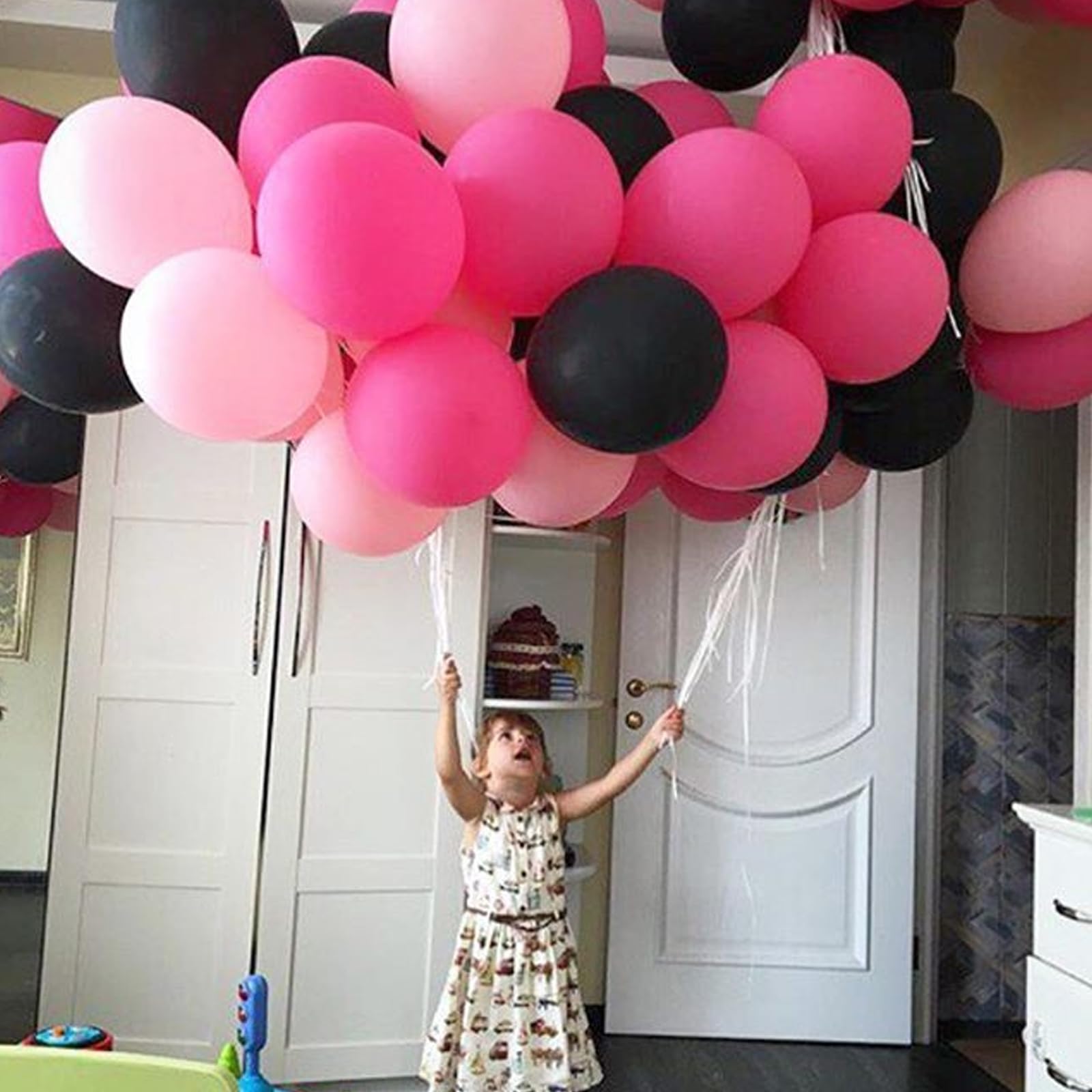 Pink Black Balloons Set, 60PCS Rose Red Black Birthday Balloons, 12 Inch Hot Pink White Latex Balloons Black Dots Pink Confetti Helium Balloons for Girls Mouse Theme Birthday Bridal Party Supplies