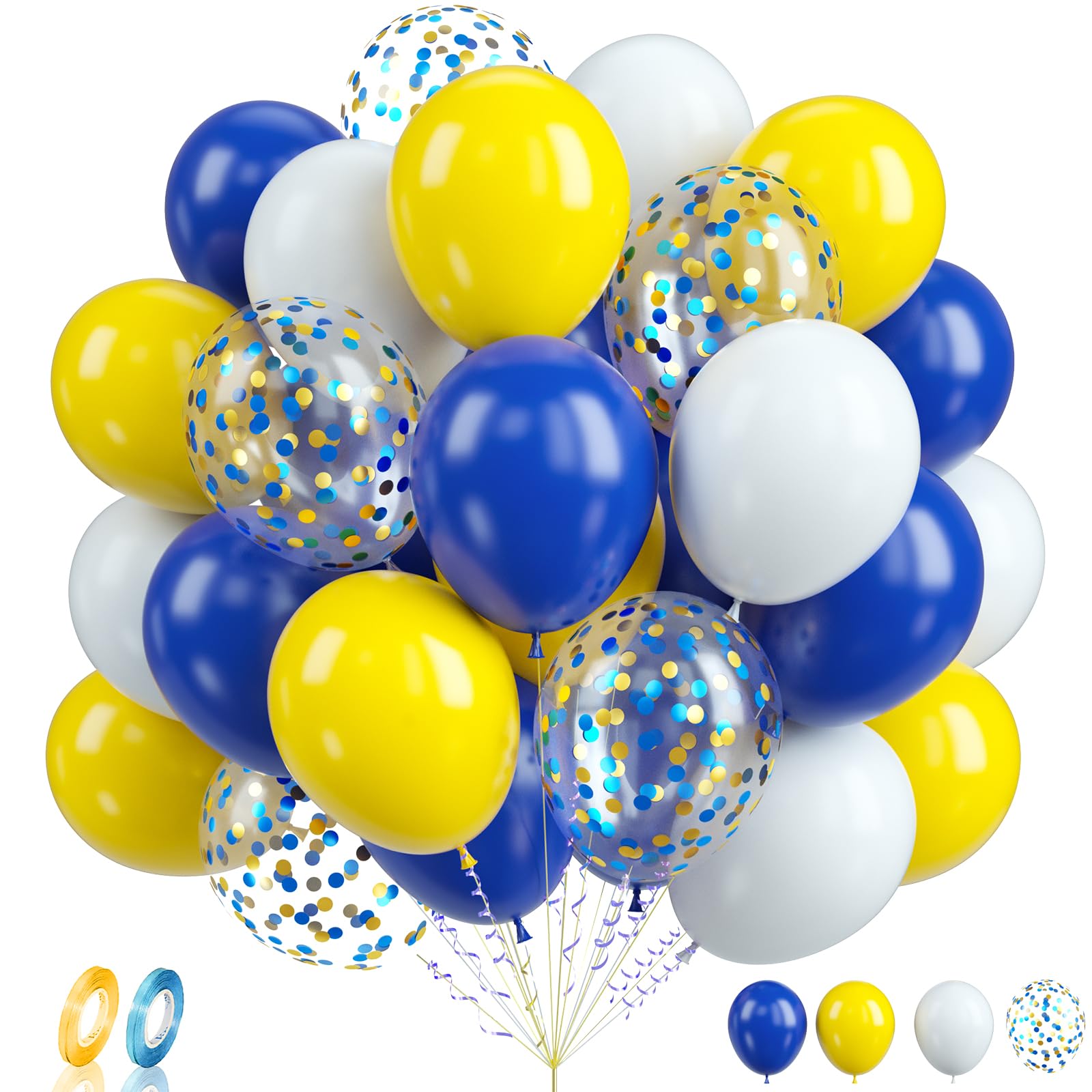 Biapian Yellow Blue Balloons, 60PCS Blue Yellow White Balloons, 12Inch Blue Gold Confetti Balloons Dark Blue Latex Balloon Helium for Birthday Wedding Graduation Baby Shower Socer Party Decoration