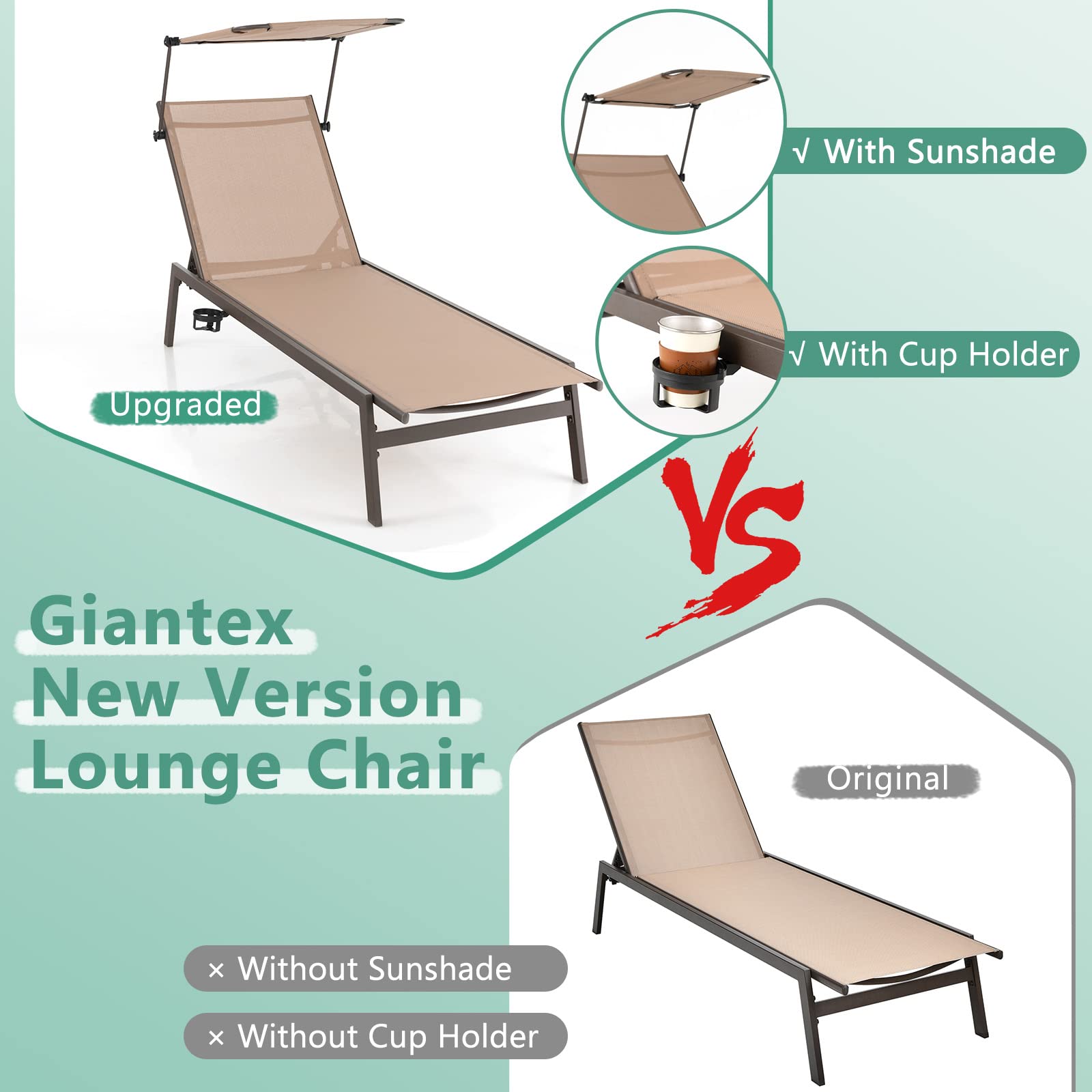 Giantex Outdoor Chaise Lounge Chair- Tanning Chair with Sunshade, 6 Adjustable Position, Sturdy Metal Frame, Cup Holder, Outside Lounger for Poolside, Backyard Sunbathing Chair (1, Brown)