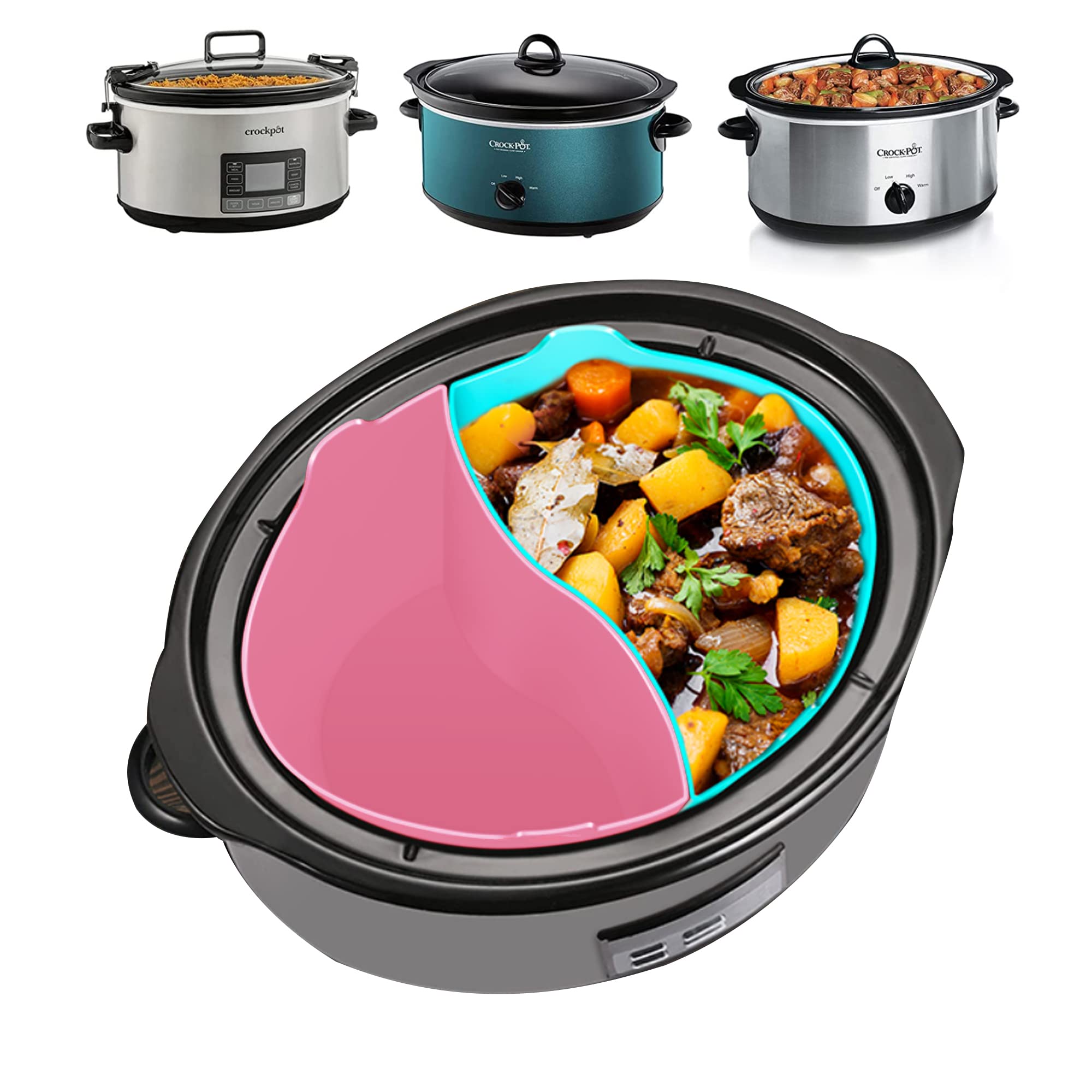 Slow Cook Divider Silicone Liners, 6 Qt Crockpot and Slow Cook Compatible, Cook Two Dishes At Once - Easy Cleanup Dishwasher, BPA Free 6 Quart Fit with Crock Pot Black Liners Pink+Blue