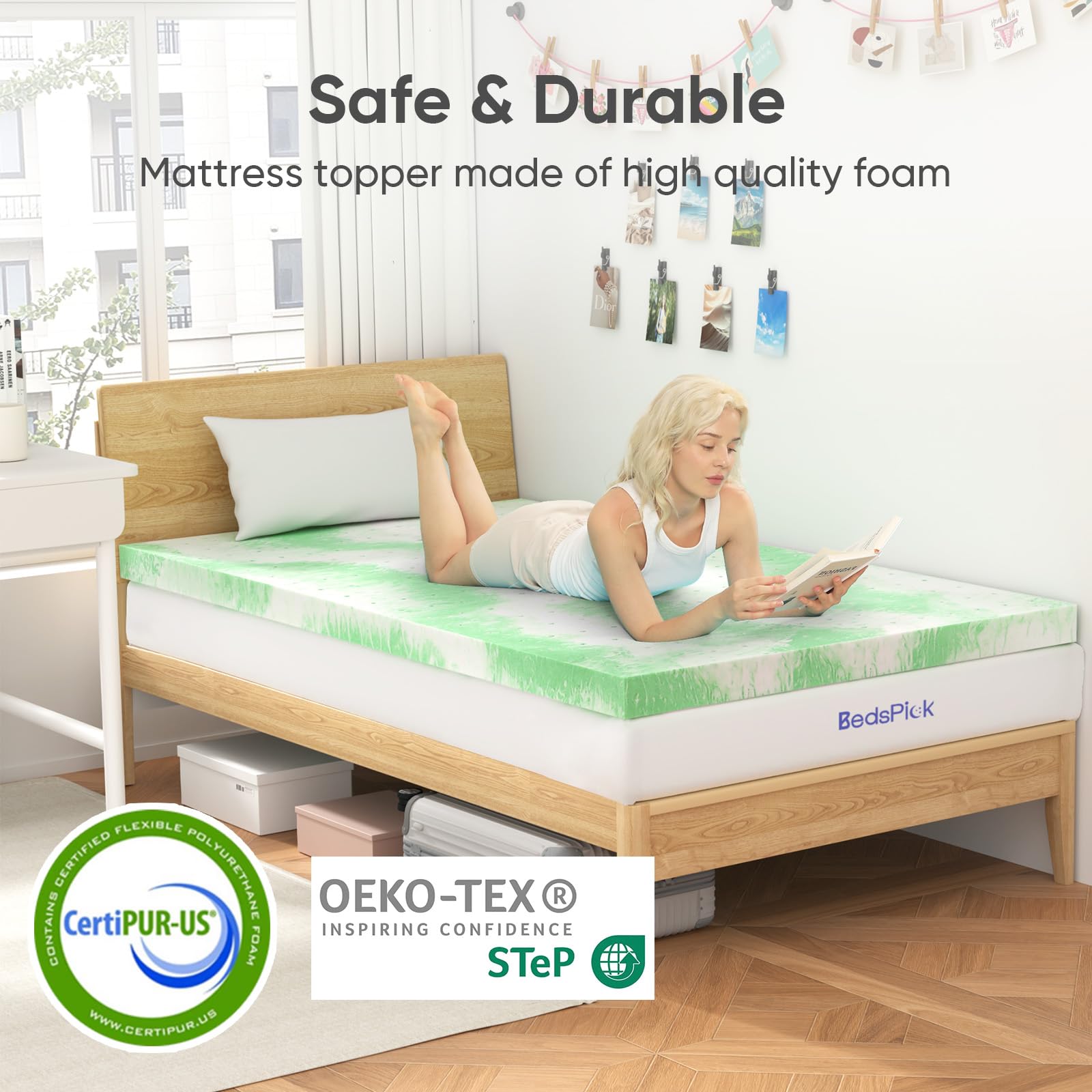 BedsPick Mattress Topper Twin XL, 2 Inch Gel Memory Foam Mattress Topper for Body Support & Pressure Relief, CertiPUR-US Certified Mattress Pad for Twin XL Size Bed with Breathable Holes, Green