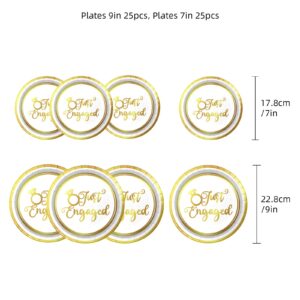 Engagement Party Decorations Set Serve 25,Just Engaged Plates and Cups Decorations,We’re Engaged Decorations,Happy Engagement Party Decorations,DZ Bridal Shower Wedding Party Decorations(Gold Foil)