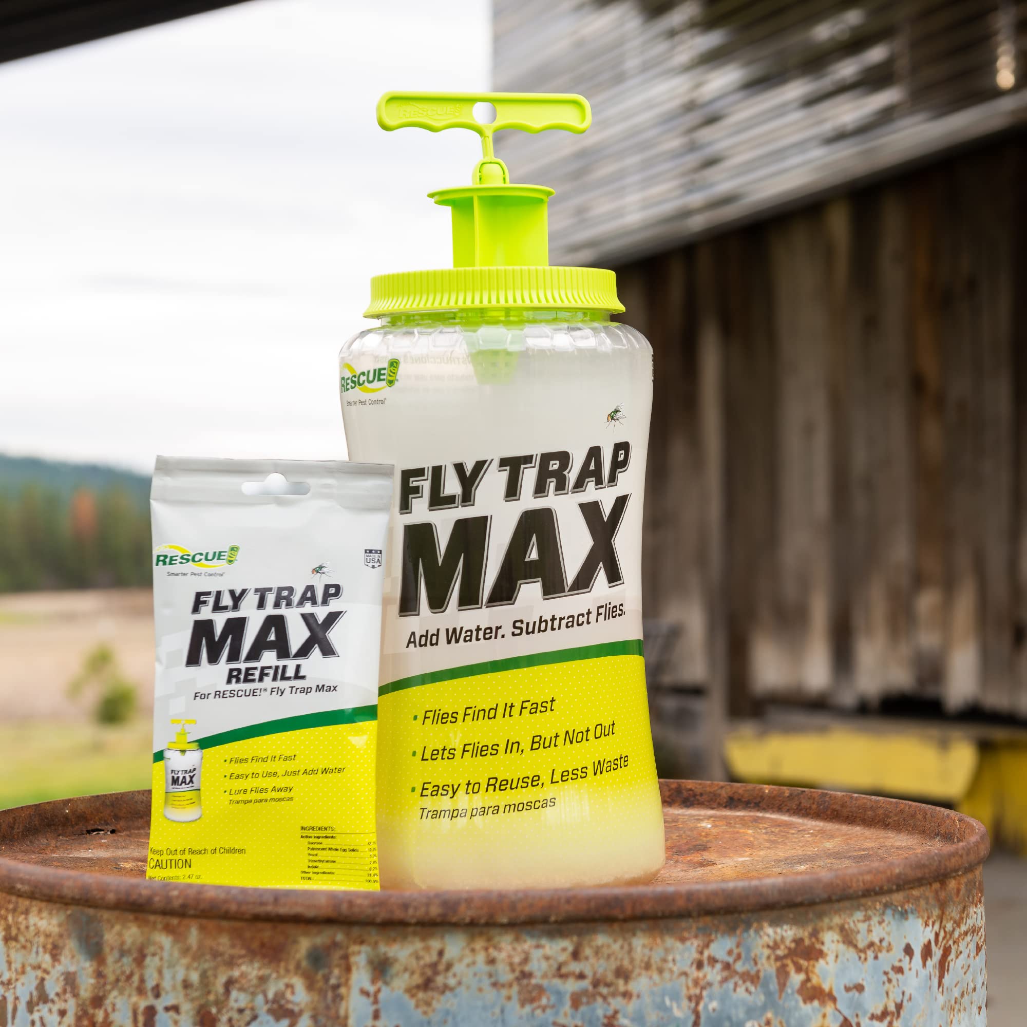 RESCUE! Fly Trap Max Bundle – Large Reusable Outdoor Fly Trap & Refill Bundle - 2 Traps + 2 Refills