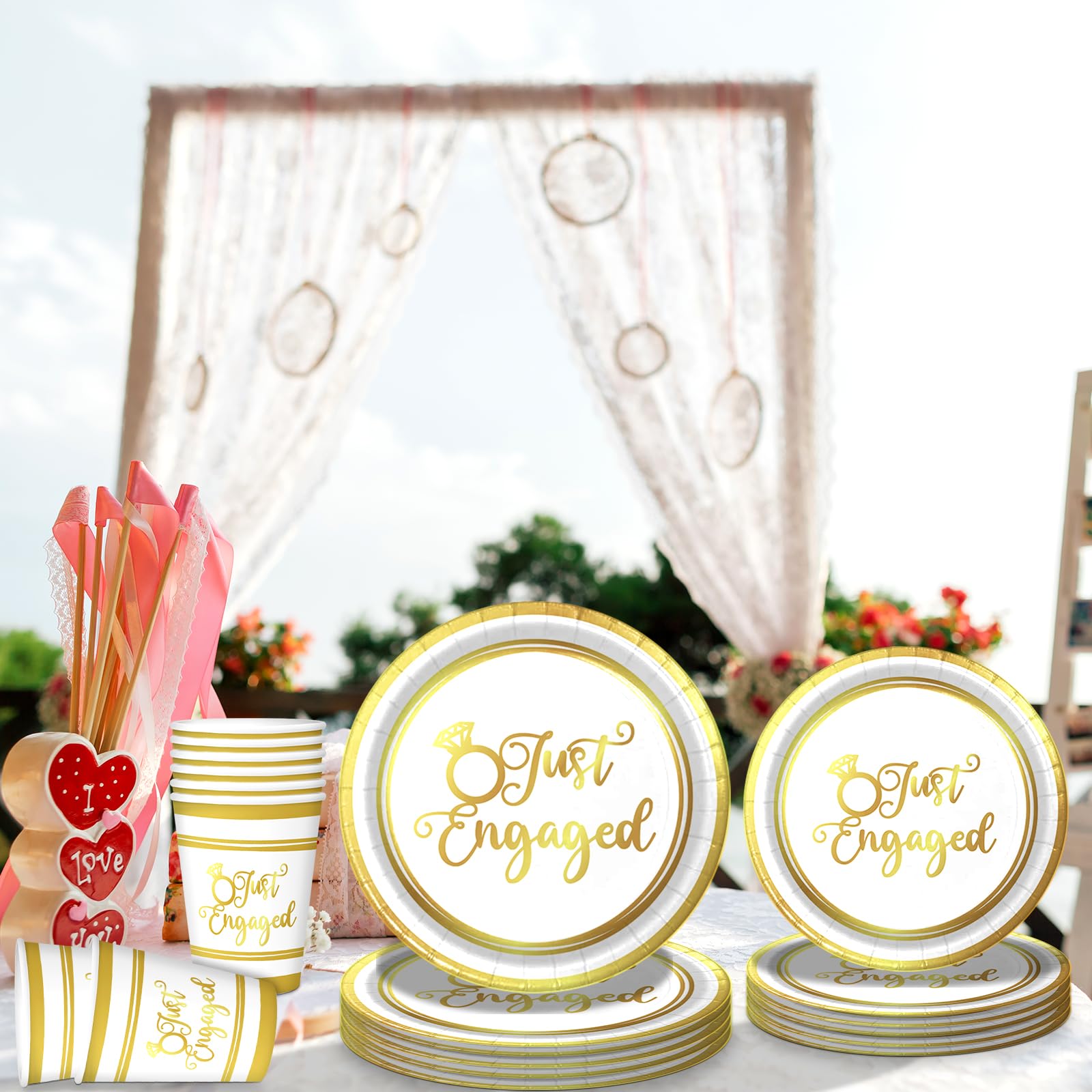 Engagement Party Decorations Set Serve 25,Just Engaged Plates and Cups Decorations,We’re Engaged Decorations,Happy Engagement Party Decorations,DZ Bridal Shower Wedding Party Decorations(Gold Foil)