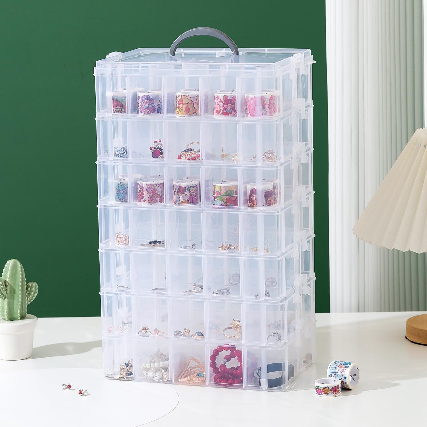 Gagee 7-Tier Craft Storage Organizer,Bead Organizer Box with 70 Adjustable Compartments,Stackable Storage Containers for Arts and Crafts, Toy, Threads,Fuse Beads, Washi Tapes,Hot Wheels,Clear