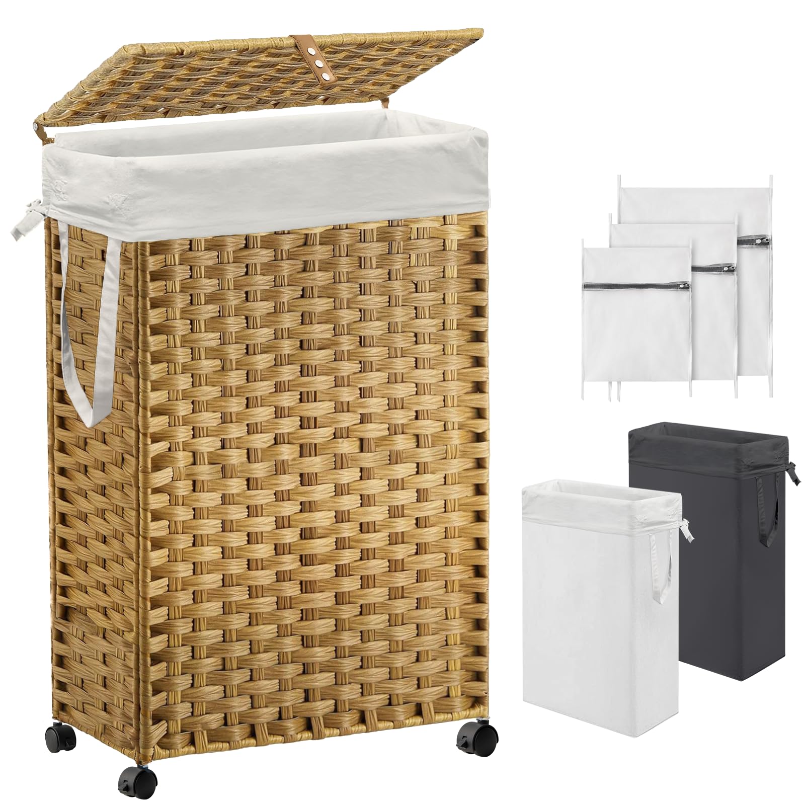 70L Slim Laundry Hamper with Lid & Wheels, Rolling Laundry Basket with 2 Removable Liner Bags & 3 Mesh Bags, Narrow Dirty Clothes Basket, Foldable Handwoven Rattan Laundry Sorter, Natural