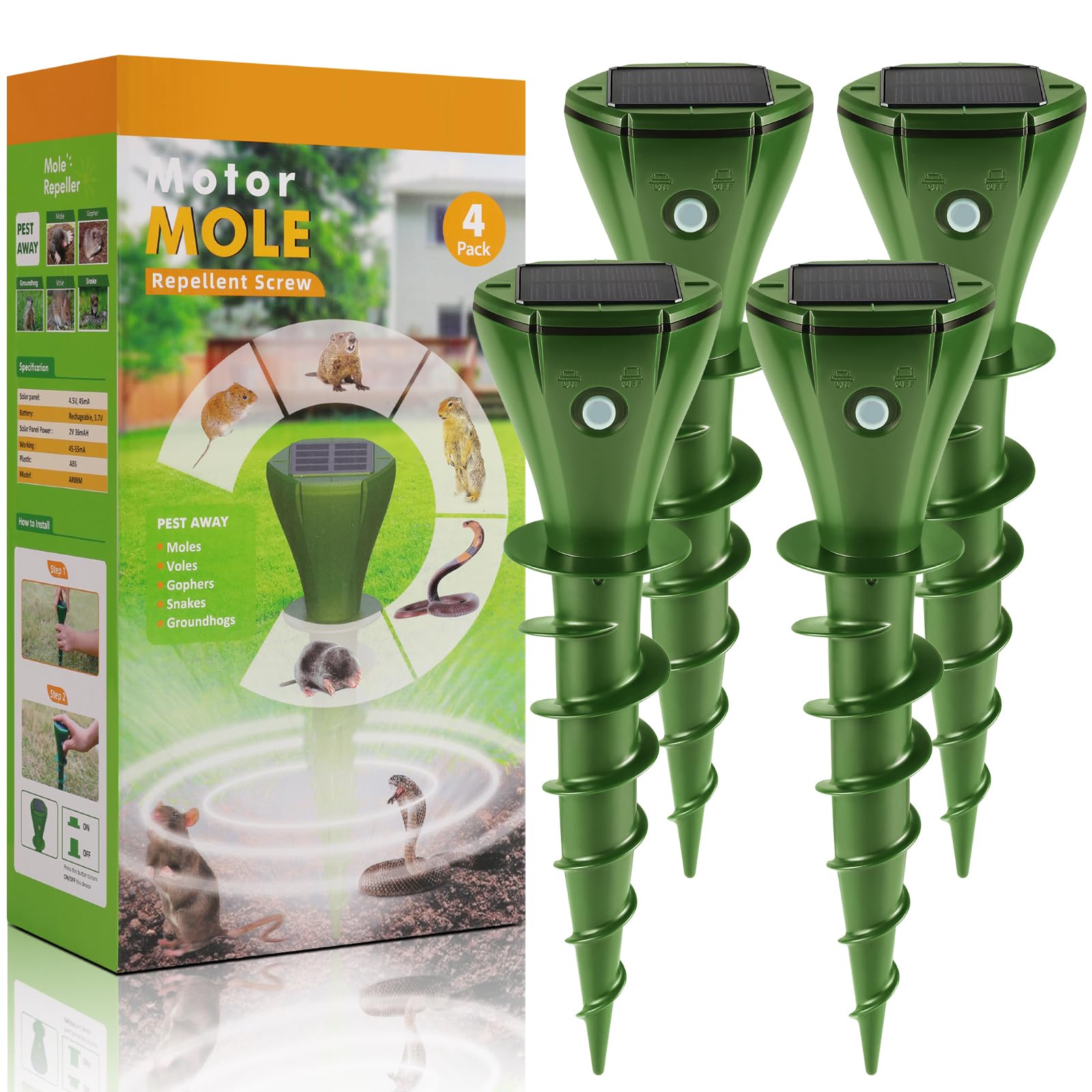 Mole Repellent for Lawns, Sonic Mole Repellent Solar Powered, Gopher Repellent Mole Trap, Screw Snake Groundhog Vole Trap Outdoor with 3 Vibration Modes Anti-Adapt, Quiet, 4pcs