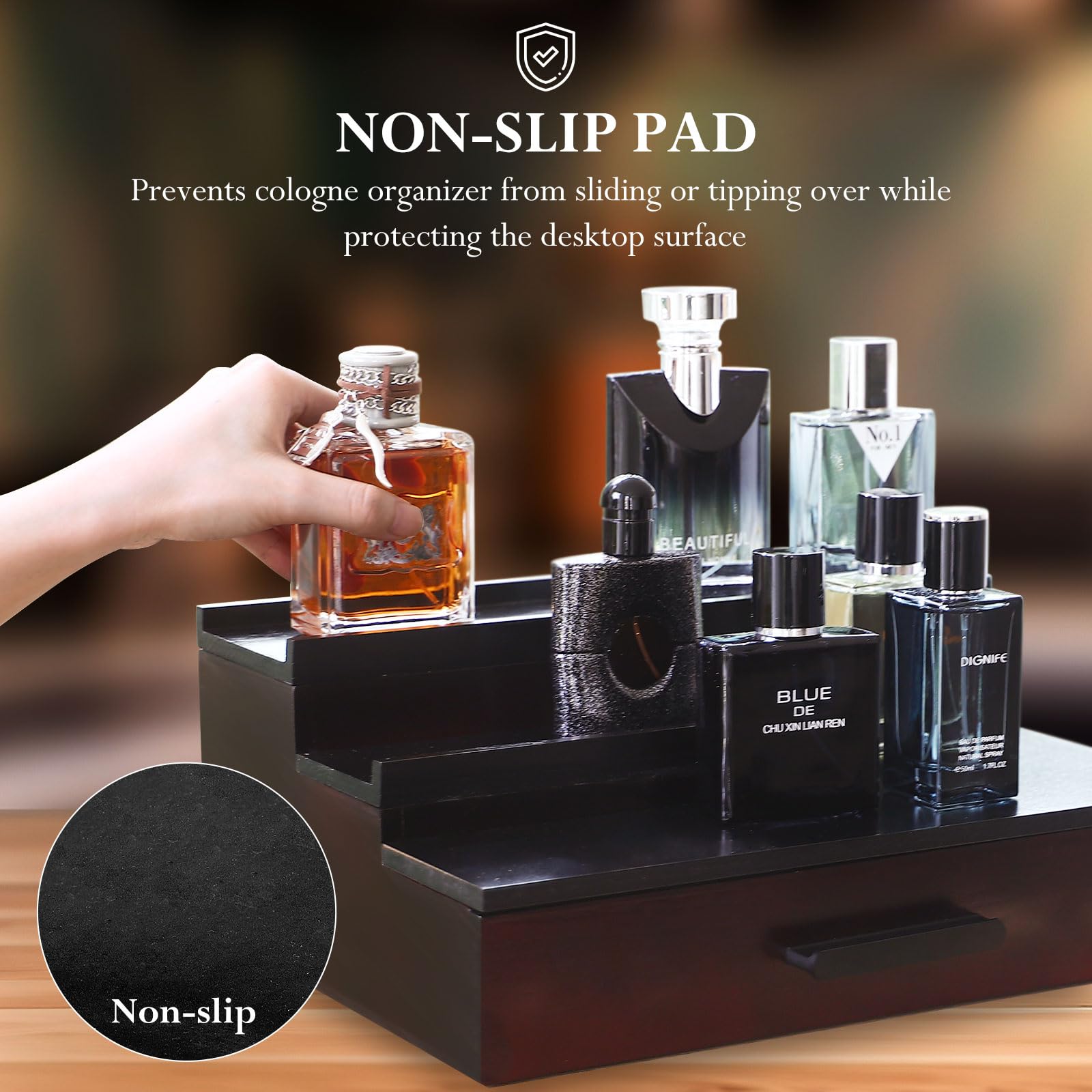 ONUEMP Wooden Cologne Organizer for Men, Perfume Organizer for Dresser, Cologne Stand with Hidden Storage and Drawer, Cologne Holder Tray Shelf, Fragrance Organizer Display Stand Rack, Gifts for Men