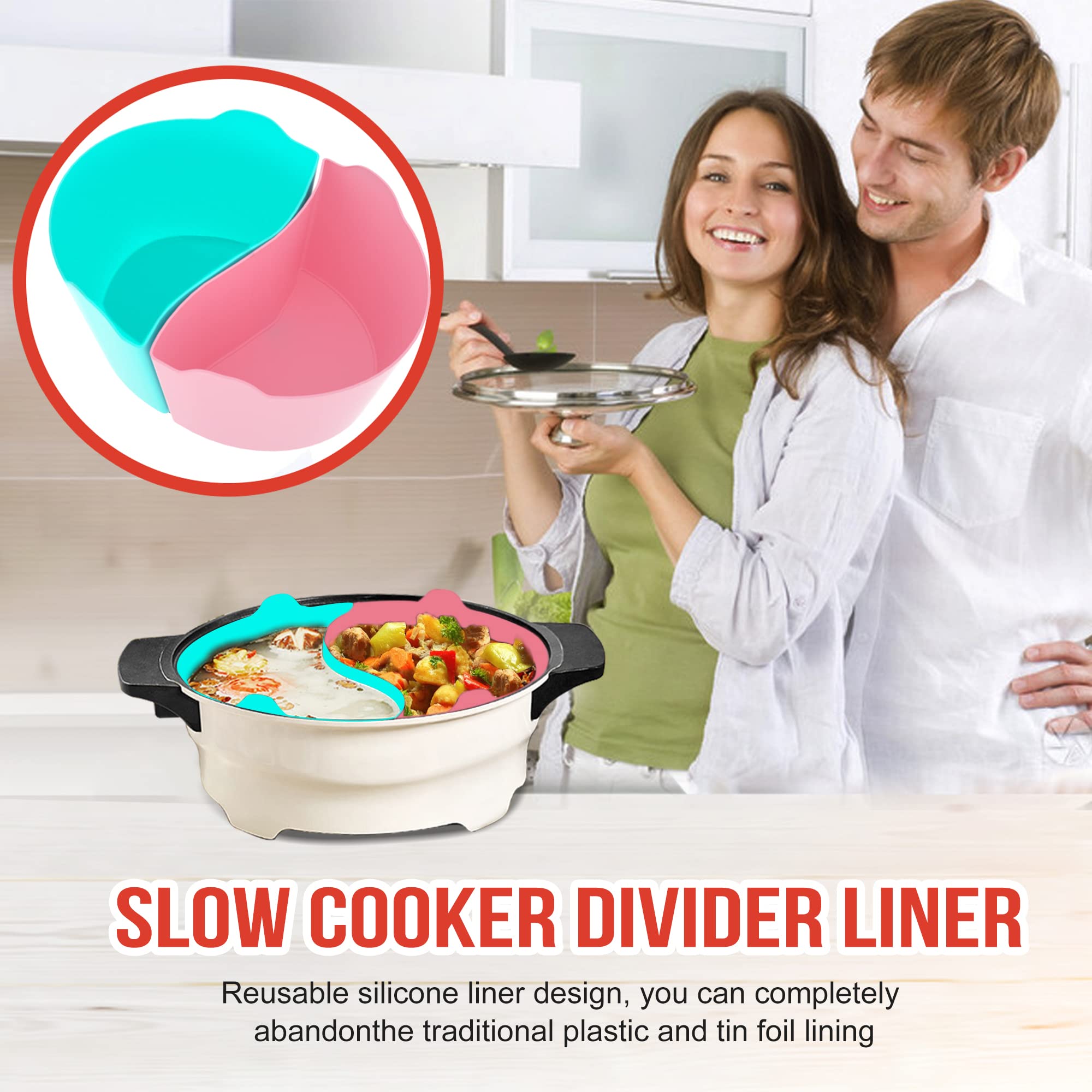 Slow Cook Divider Silicone Liners, 6 Qt Crockpot and Slow Cook Compatible, Cook Two Dishes At Once - Easy Cleanup Dishwasher, BPA Free 6 Quart Fit with Crock Pot Black Liners Pink+Blue